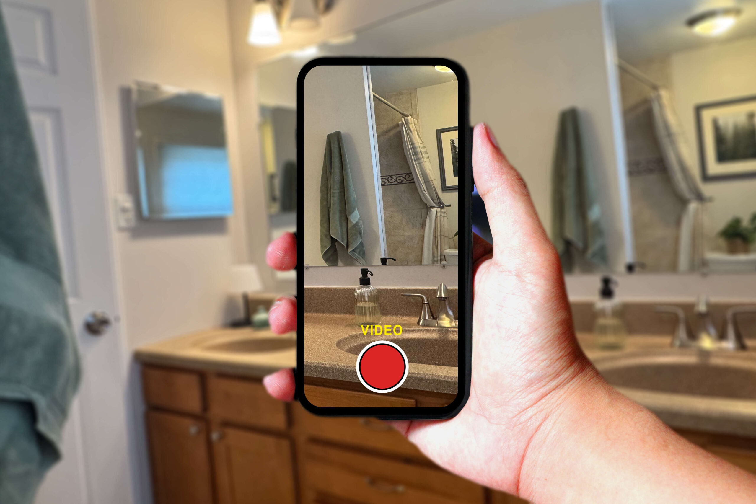 img_groundwork-video-bathroom2 hand holding phone taking video of bathroom space to be remodeled