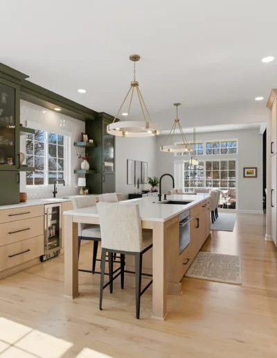 Plymouth kitchen remodel with oak and dark green cabinetry