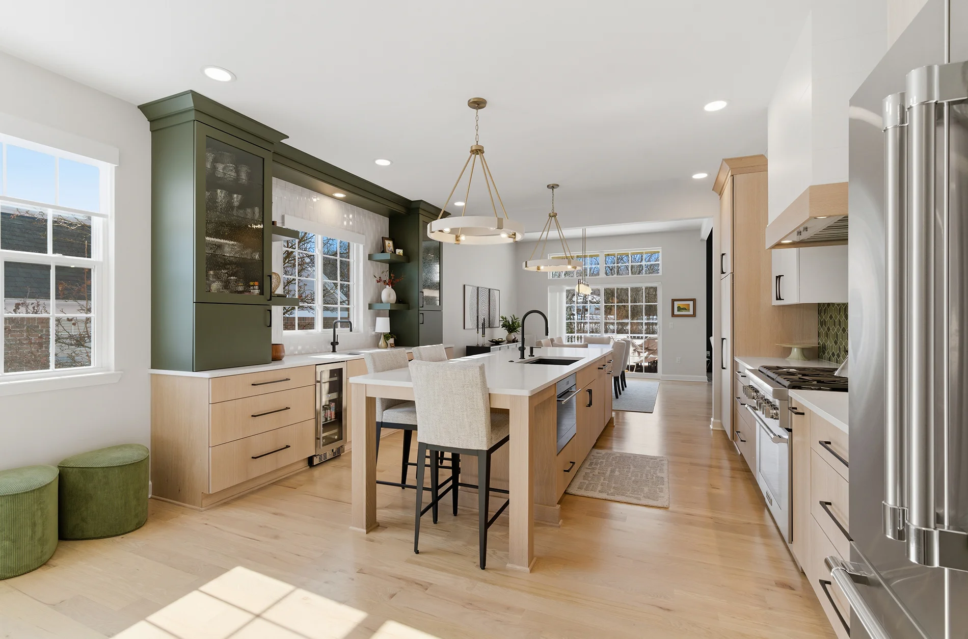 Plymouth kitchen remodel with oak and dark green cabinetry